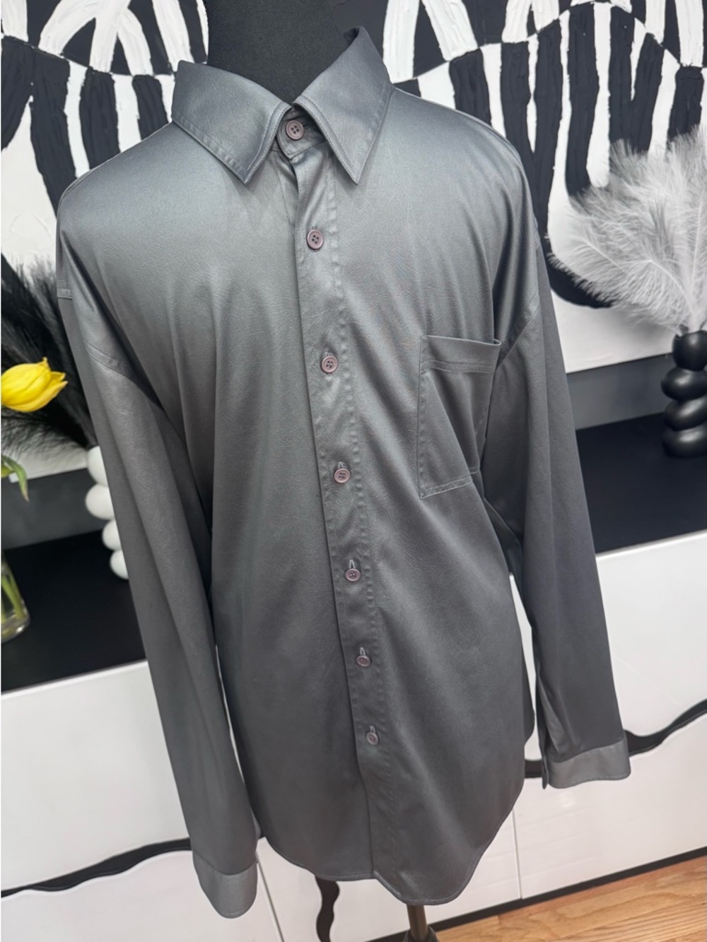 Positano Mens XL Gray Long Sleeve Dress Shirt Slim Button Front Chest Pocket